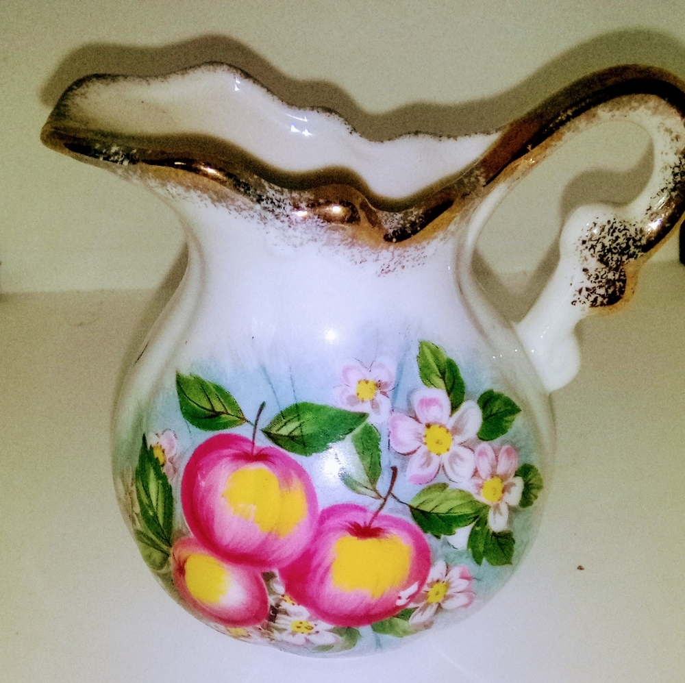 Vintage White Ceramic Pitcher Vase with Handel, Gold Trim made in Japan 3.5 in.